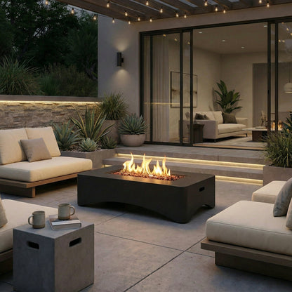 HouseOfZazla 56-inch rectangular propane fire pit table with lava rocks on outdoor patio on Tampa Home & Garden Store