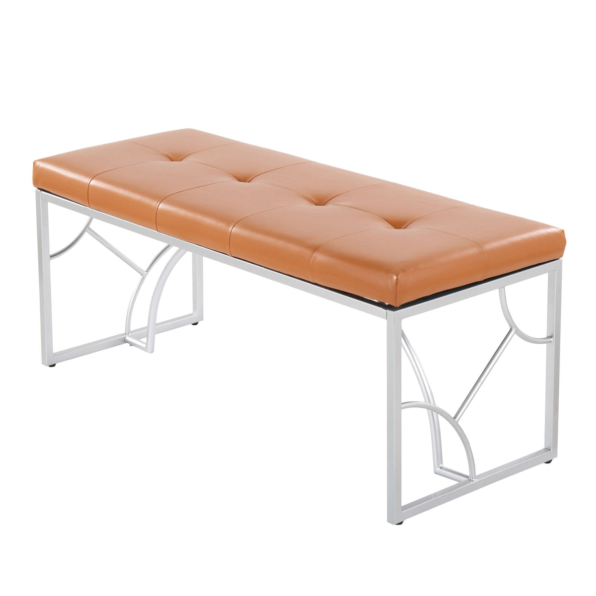 Elegant contemporary upholstered bench with peach leather tufted cushions and silver metal frame on Tampa Home & Garden Store