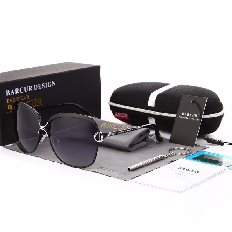 Luxury polarized ladies sunglasses with round oversized gradient lenses, black frame BARCUR case on Tampa Home & Garden Store