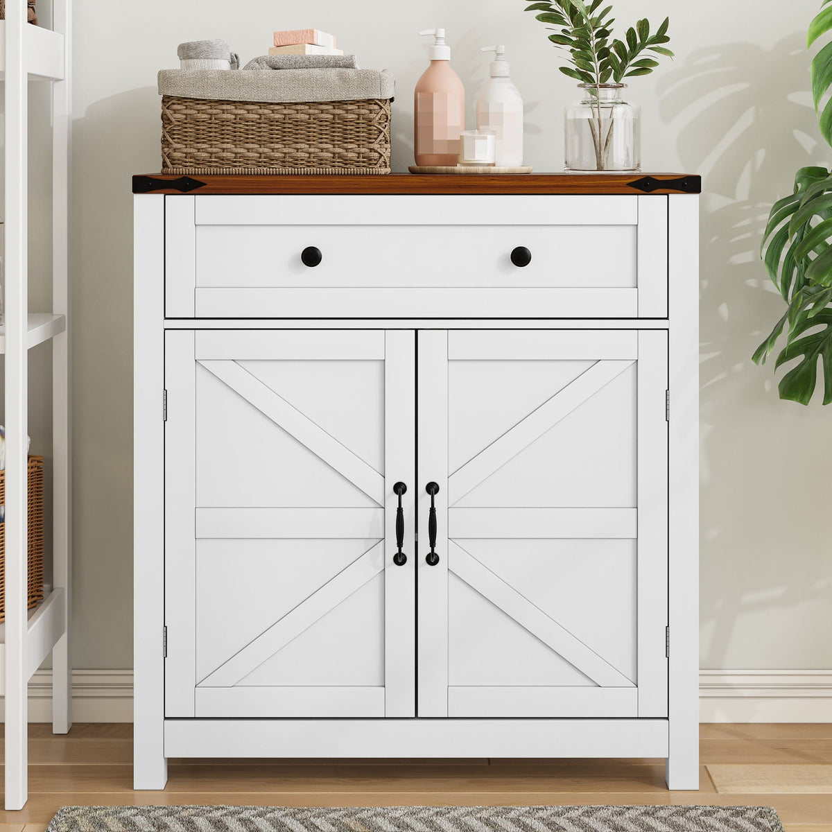 Farmhouse storage cabinet white with wood top and black pulls; decor on top on Tampa Home & Garden Store