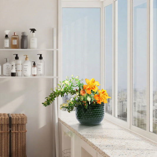 3-piece dark green flowerpot planter set with ribbed texture on a windowsill with orange lilies on Tampa Home & Garden Store