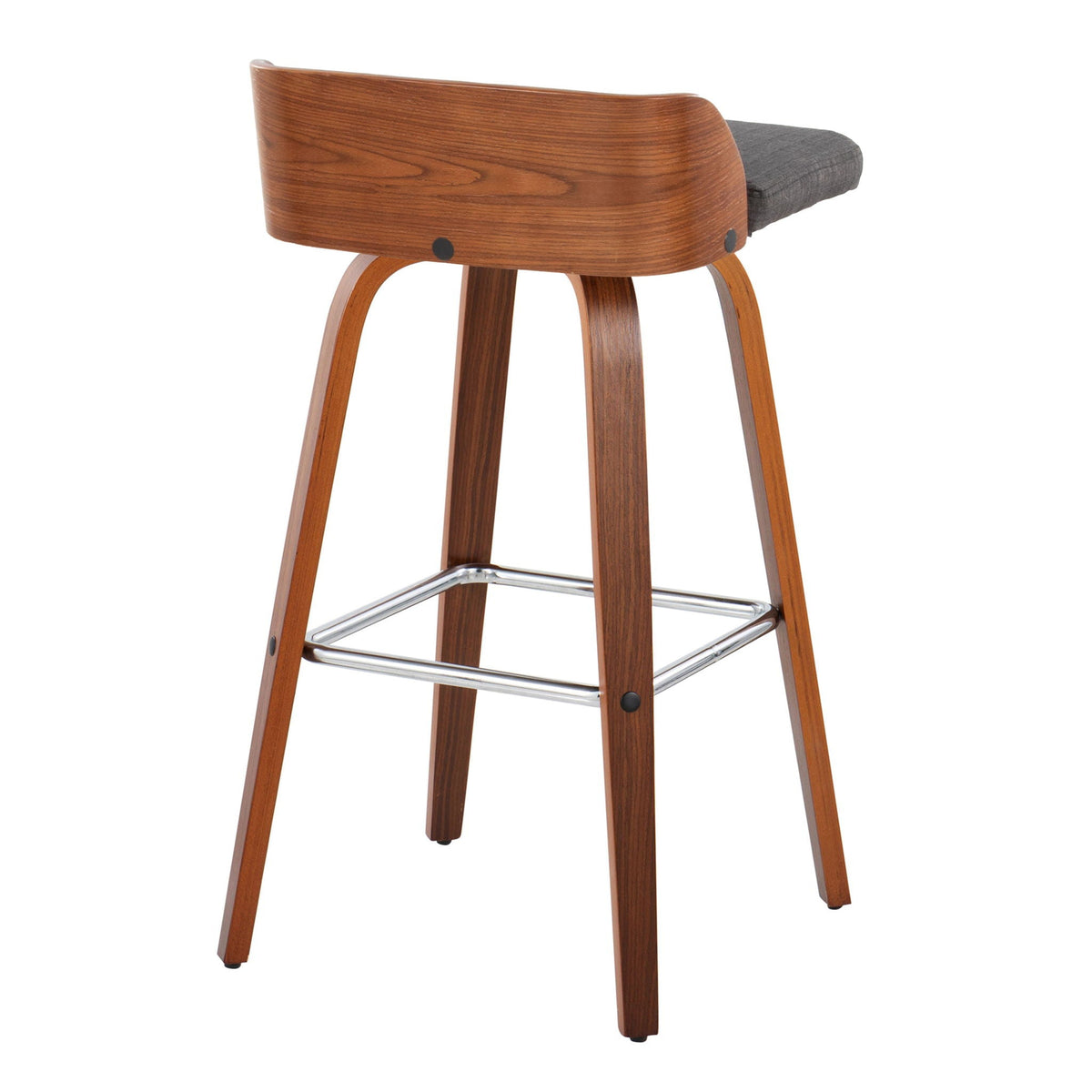 Maya mid-century barstool with dark gray upholstery, curved wood back, chrome footrest on Tampa Home & Garden Store