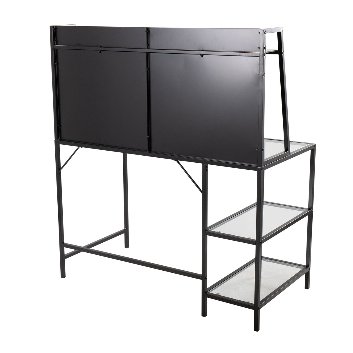Contemporary Glass Writing Desk with Storage Shelves in black metal frame on Tampa Home & Garden Store