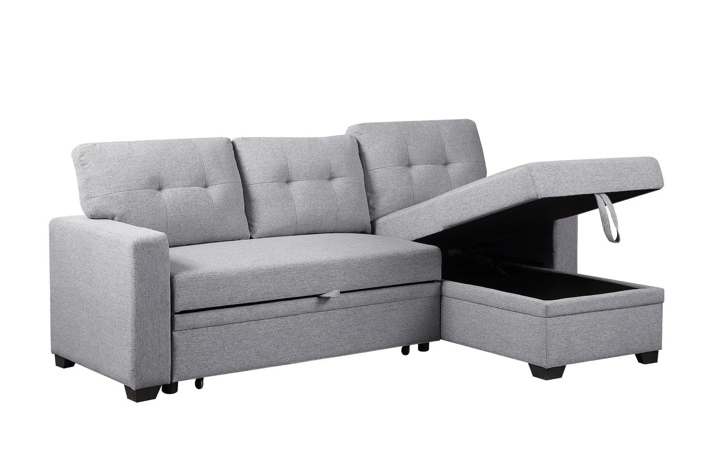 Upholstered pull-out sleeper sectional sofa with chaise gray fabric tufted back cushions on Tampa Home & Garden Store