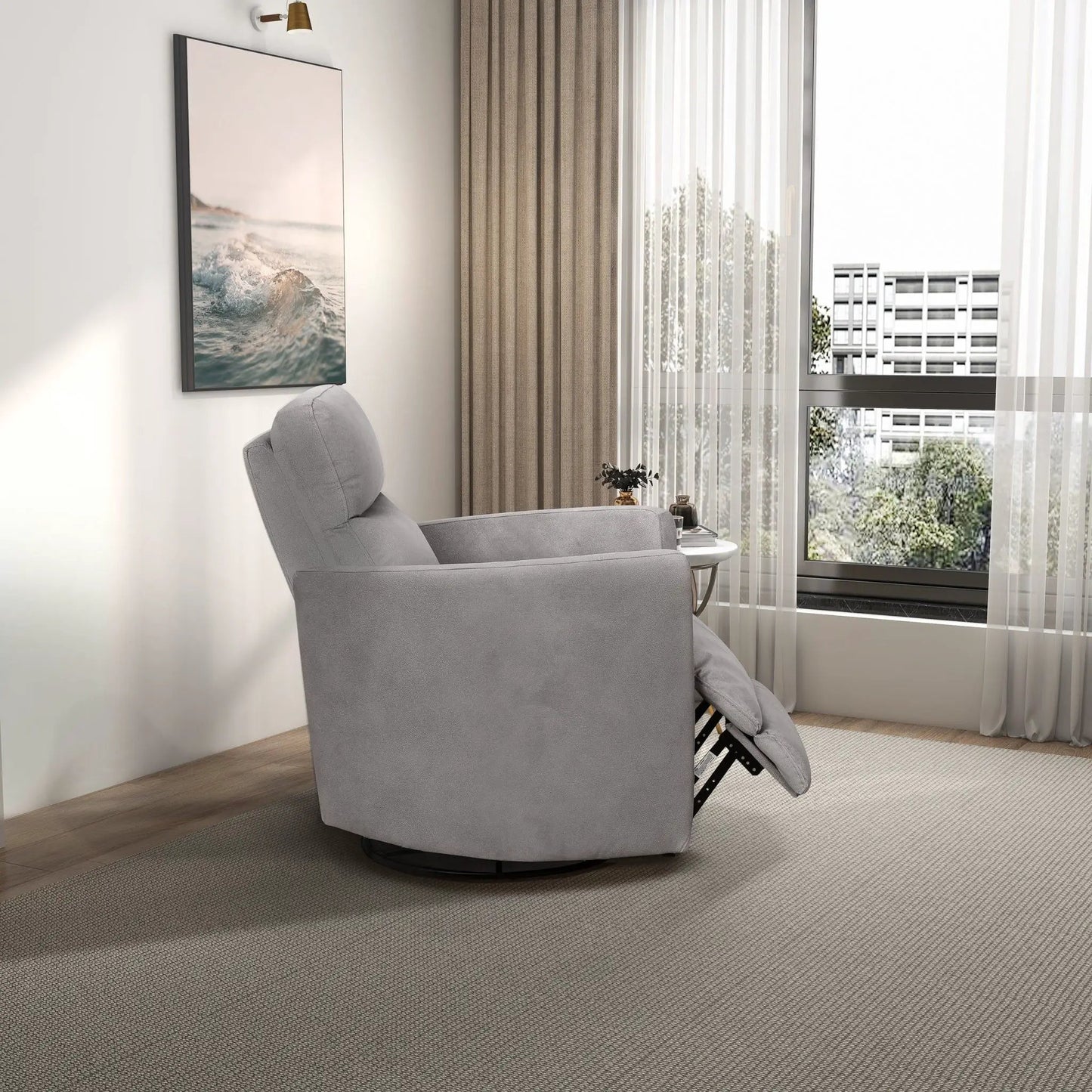 Lawson Swivel Glider Suede Recliner Chair Latte with plush suede upholstery on Tampa Home & Garden Store