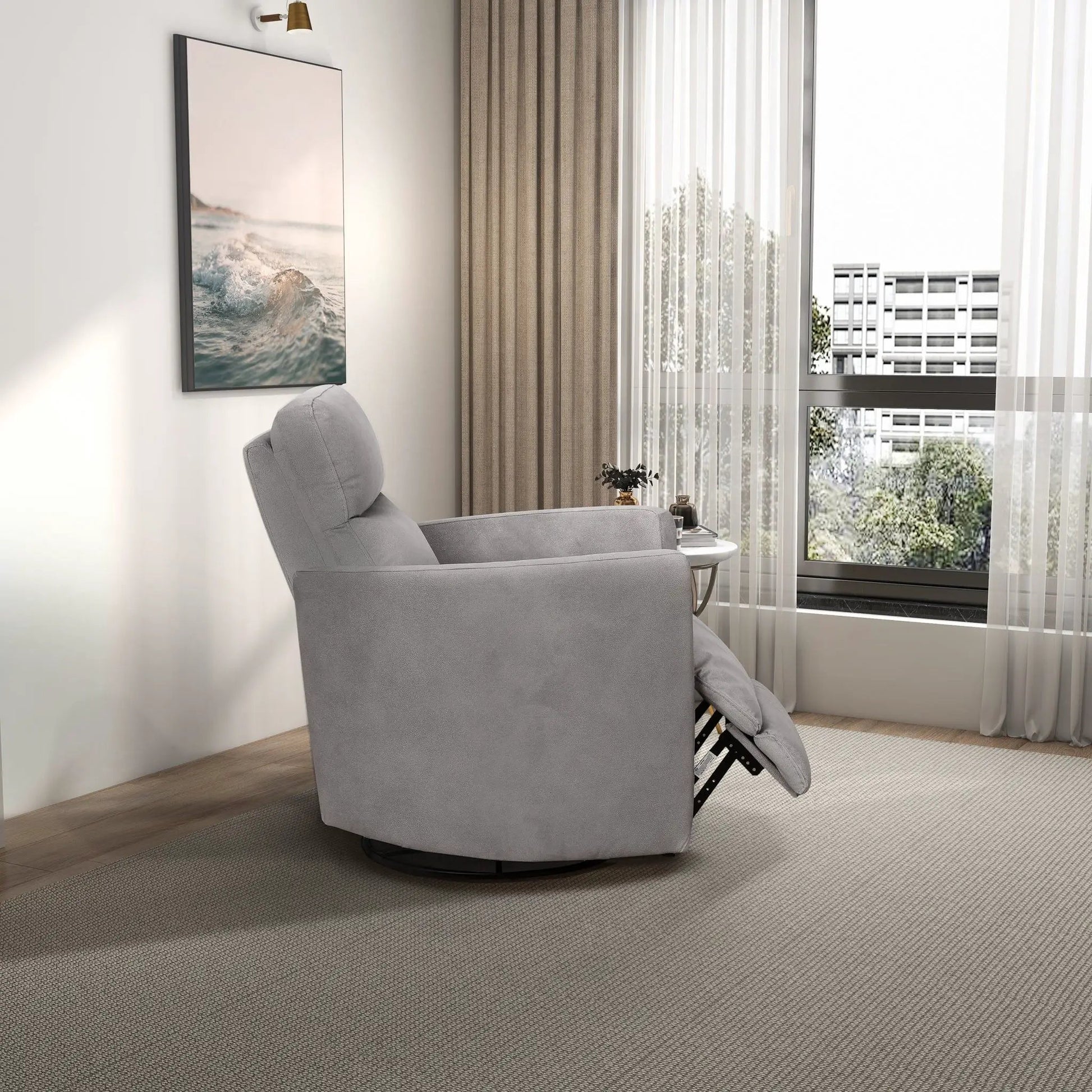 Lawson Swivel Glider Suede Recliner Chair Latte with plush suede upholstery on Tampa Home & Garden Store