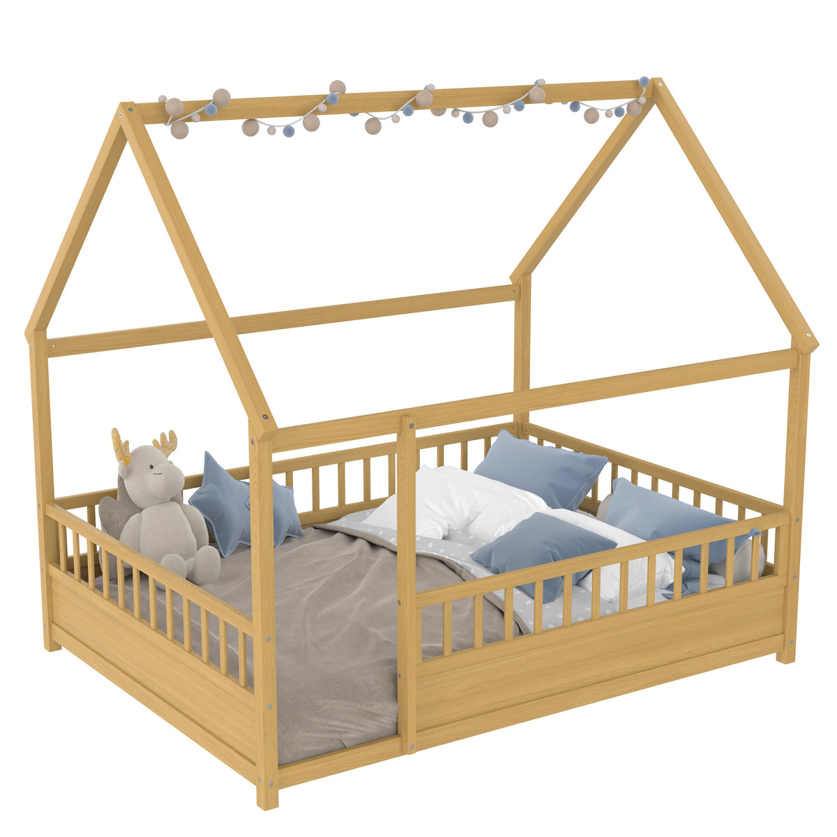 Full-Size wooden bed with house roof frame by HouseOfZazla, natural wood finish, blue bedding on Tampa Home & Garden Store