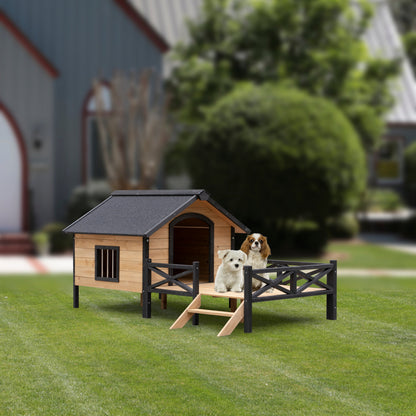 Outdoor wooden cabin style dog kennel with porch natural finish black trim dogs at doorway on Tampa Home & Garden Store