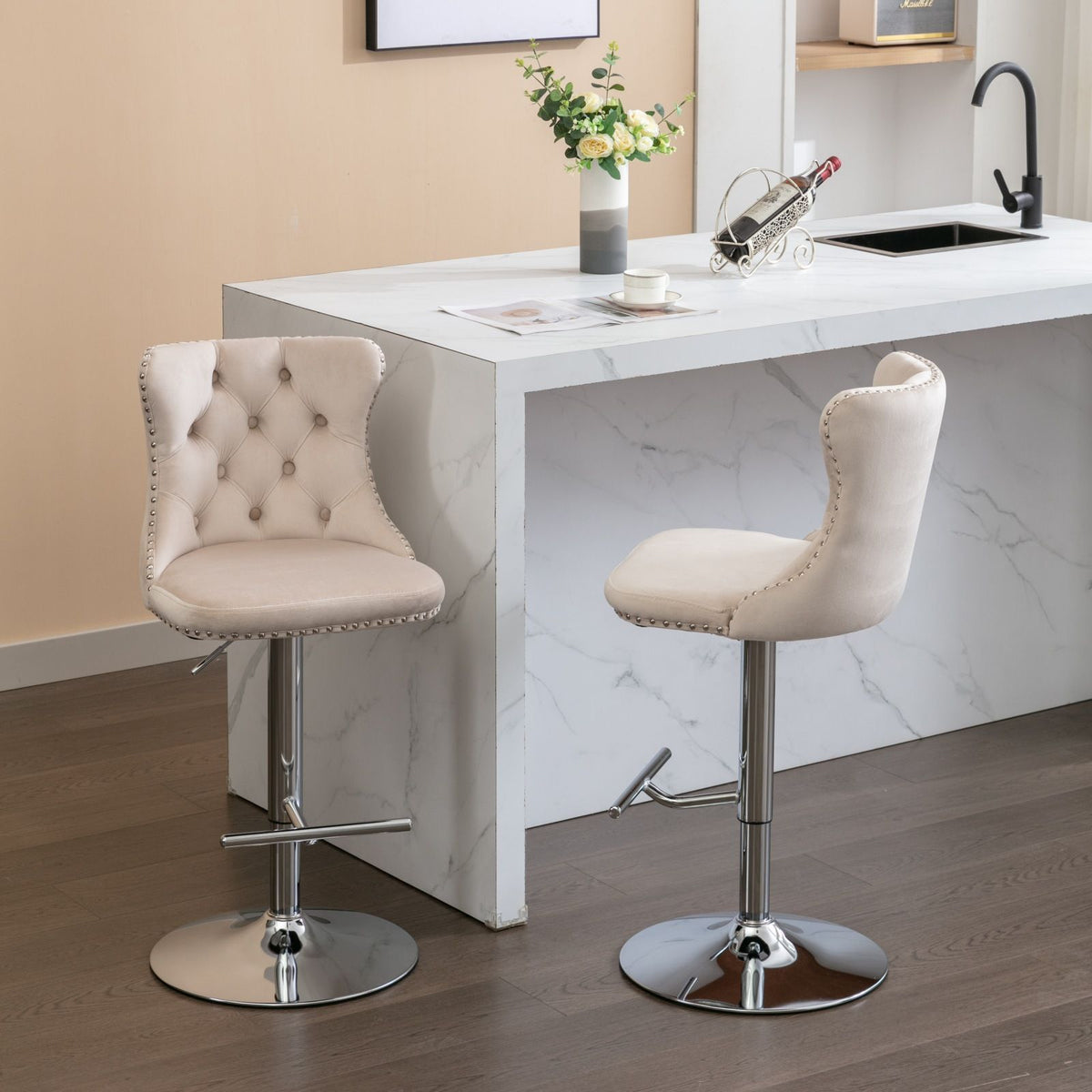 Swivel adjustable height barstools set of 2 with beige upholstery and chrome bases by HouseOfZazla on Tampa Home & Garden Store
