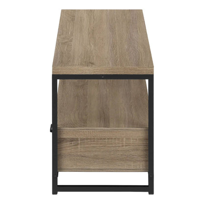 TV Stand Unique Piece Furniture with oak wood grain top and black metal frame on Tampa Home & Garden Store