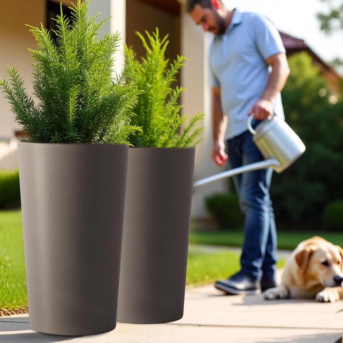Planter For Outdoor by HouseOfZazla, 2 gray cylindrical planters with lush green foliage on Tampa Home & Garden Store