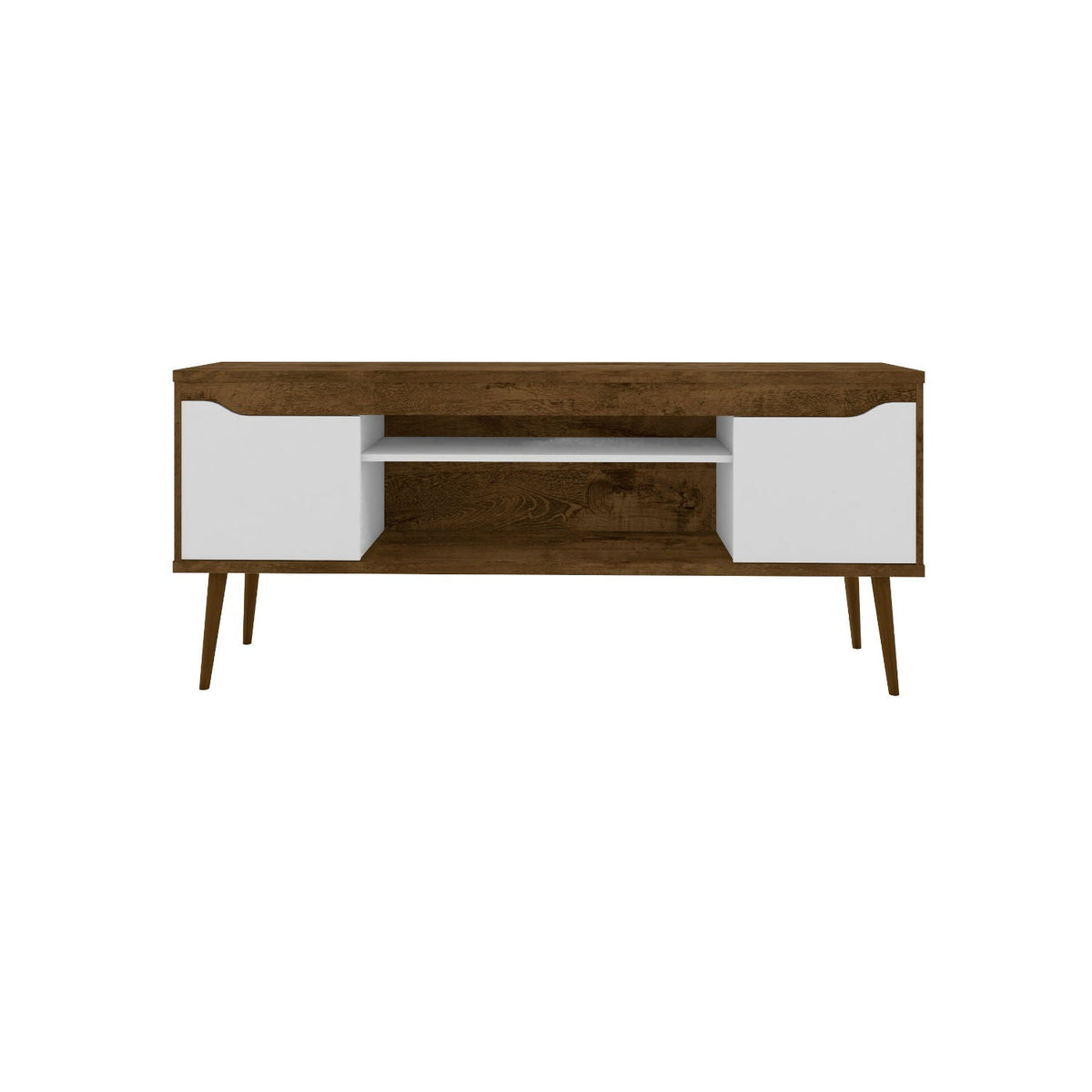 Modern Design TV Stand with Concealed Storage, brown wood finish, white cabinet doors, center shelf on Tampa Home & Garden Store
