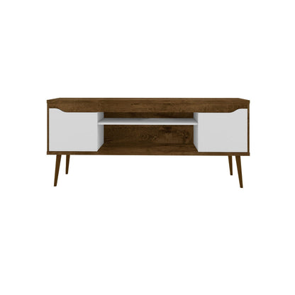 Modern Design TV Stand with Concealed Storage, brown wood finish, white cabinet doors, center shelf on Tampa Home & Garden Store