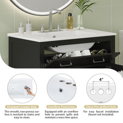 HouseOfZazla modern bathroom vanity with ceramic sink, black cabinet, soft-close doors on Tampa Home & Garden Store