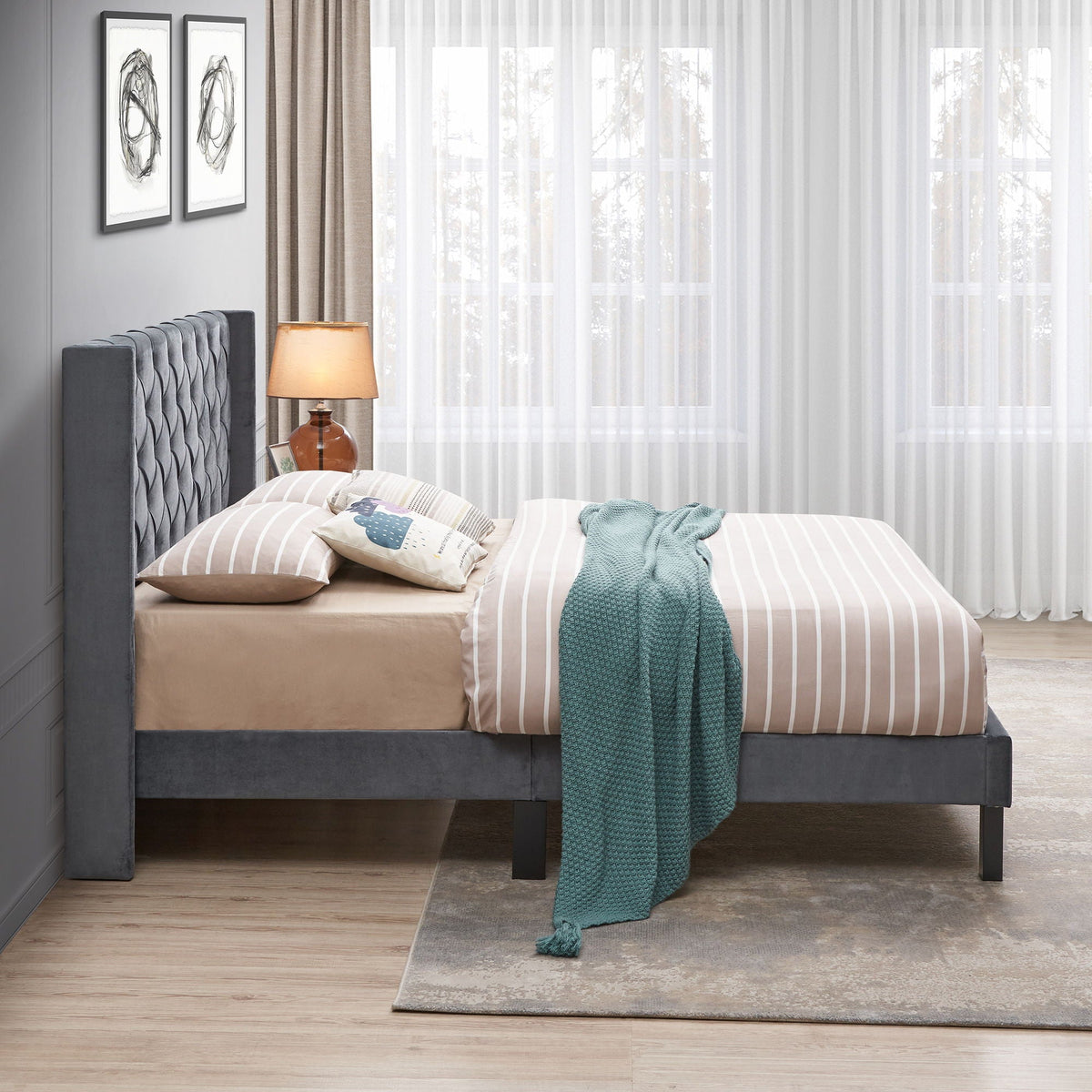 Queen velvet button-tufted winged wood-slats platform bed in gray fabric by HouseOfZazla on Tampa Home & Garden Store