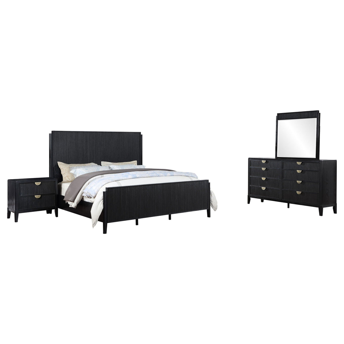 Ennis 4 Piece Bedroom Set by HouseOfZazla in black ribbed finish with bed, dresser, mirror on Tampa Home & Garden Store
