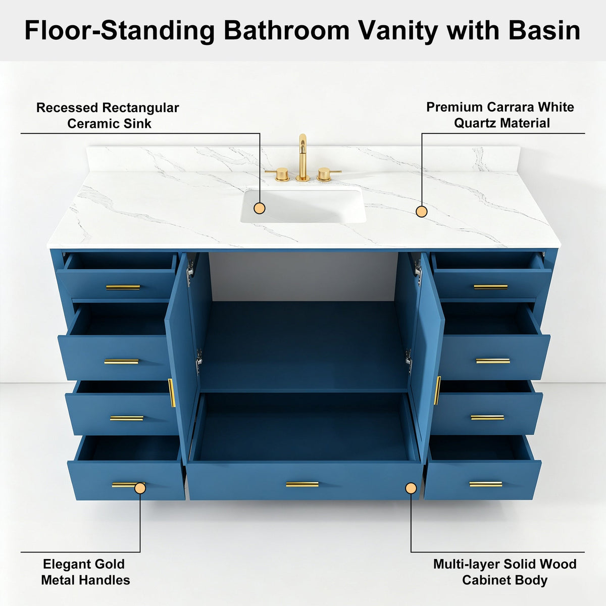 60in Solid Wood Vanity with Carrara quartz top, blue cabinet, gold handles HouseOfZazla on Tampa Home & Garden Store