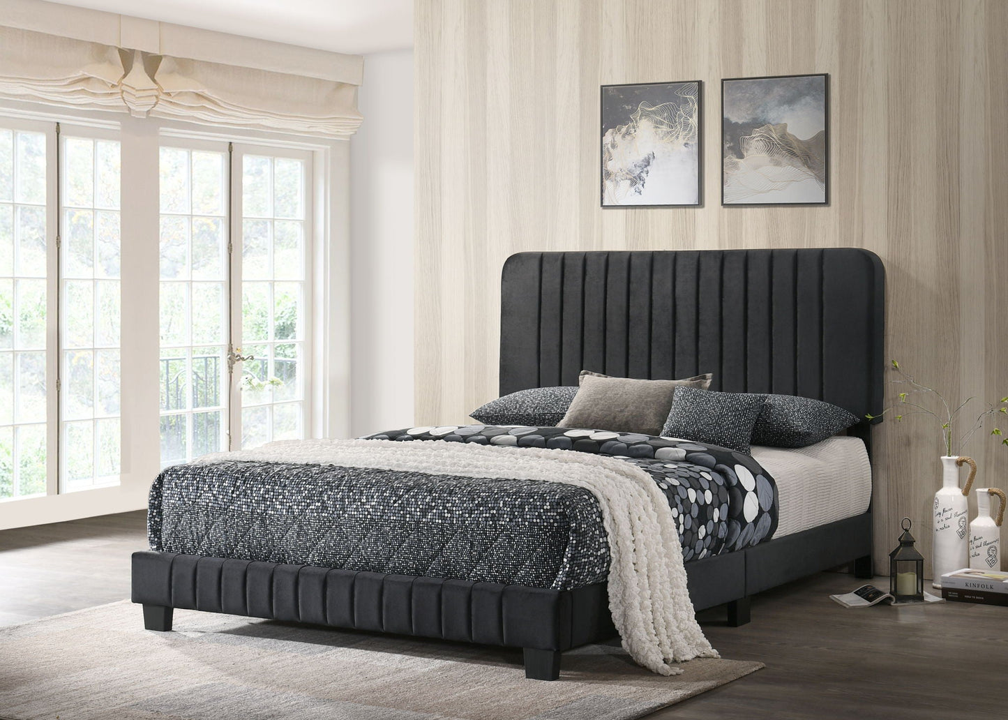 Channel Tufted Bed in charcoal gray fabric with tall vertical tufting and low-profile base on Tampa Home & Garden Store