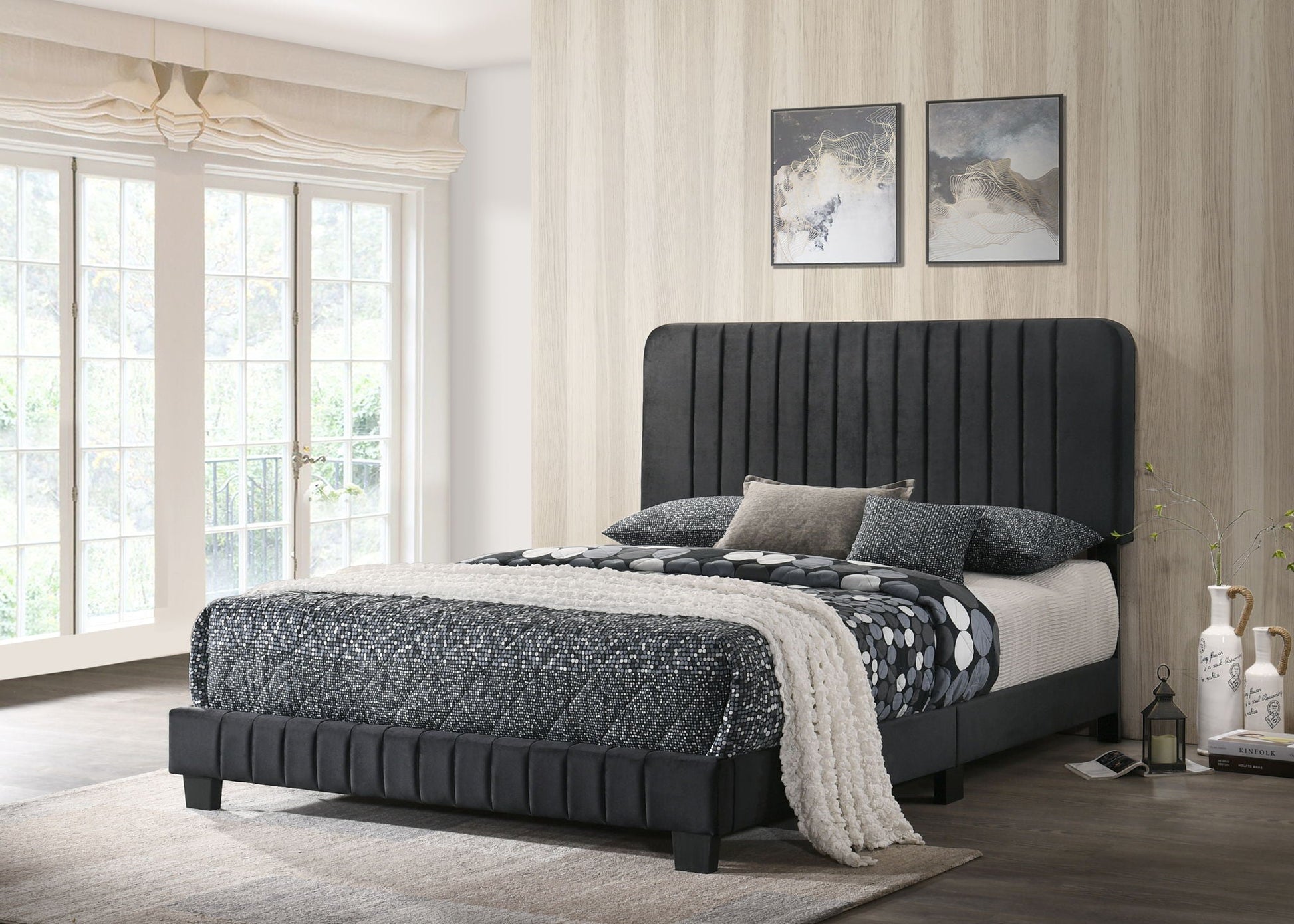 Channel Tufted Bed in charcoal gray fabric with tall vertical tufting and low-profile base on Tampa Home & Garden Store