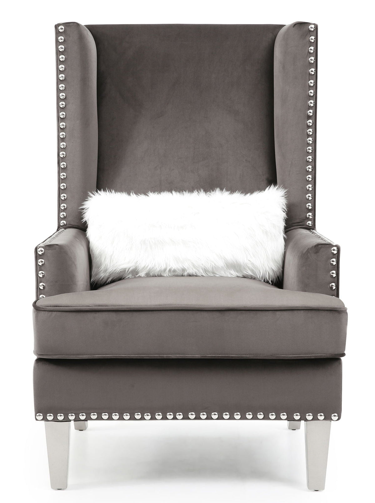 Traditional accent arm chair with deep tufting in dark gray upholstery and nailhead trim on Tampa Home & Garden Store