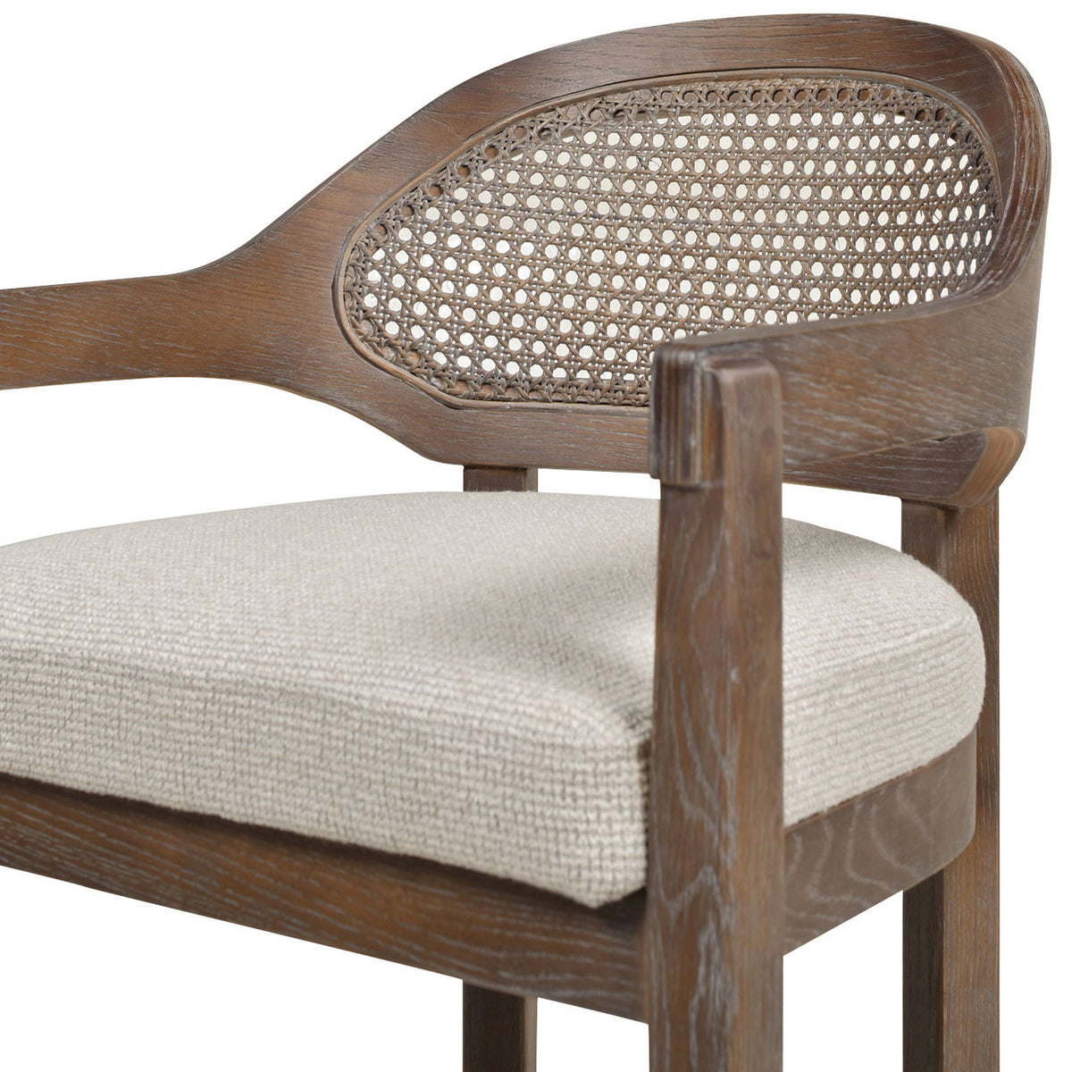 Mid-Century Cane Back Counter Stool with Barrel Back, wood frame and beige upholstered seat on Tampa Home & Garden Store