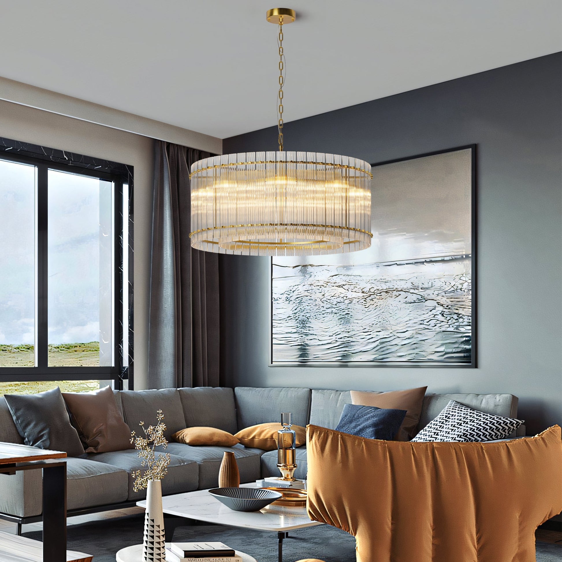 Chandelier 37-inch modern gold round 8-light crystal by HouseOfZazla suspended on chain on Tampa Home & Garden Store