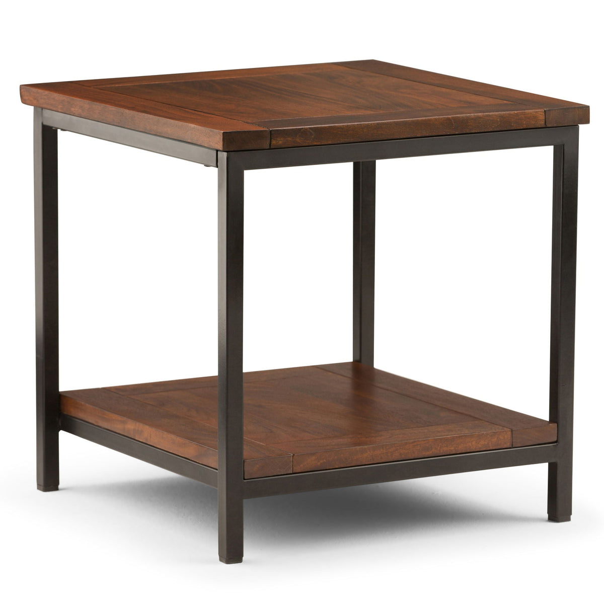 Handcrafted mango wood and black metal coffee table with warm brown top on Tampa Home & Garden Store