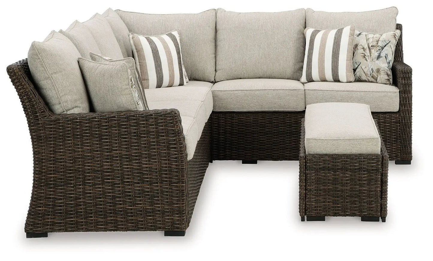 Brook Ranch 3-Piece Outdoor Sofa Sectional with bench in brown wicker, beige cushions on Tampa Home & Garden Store