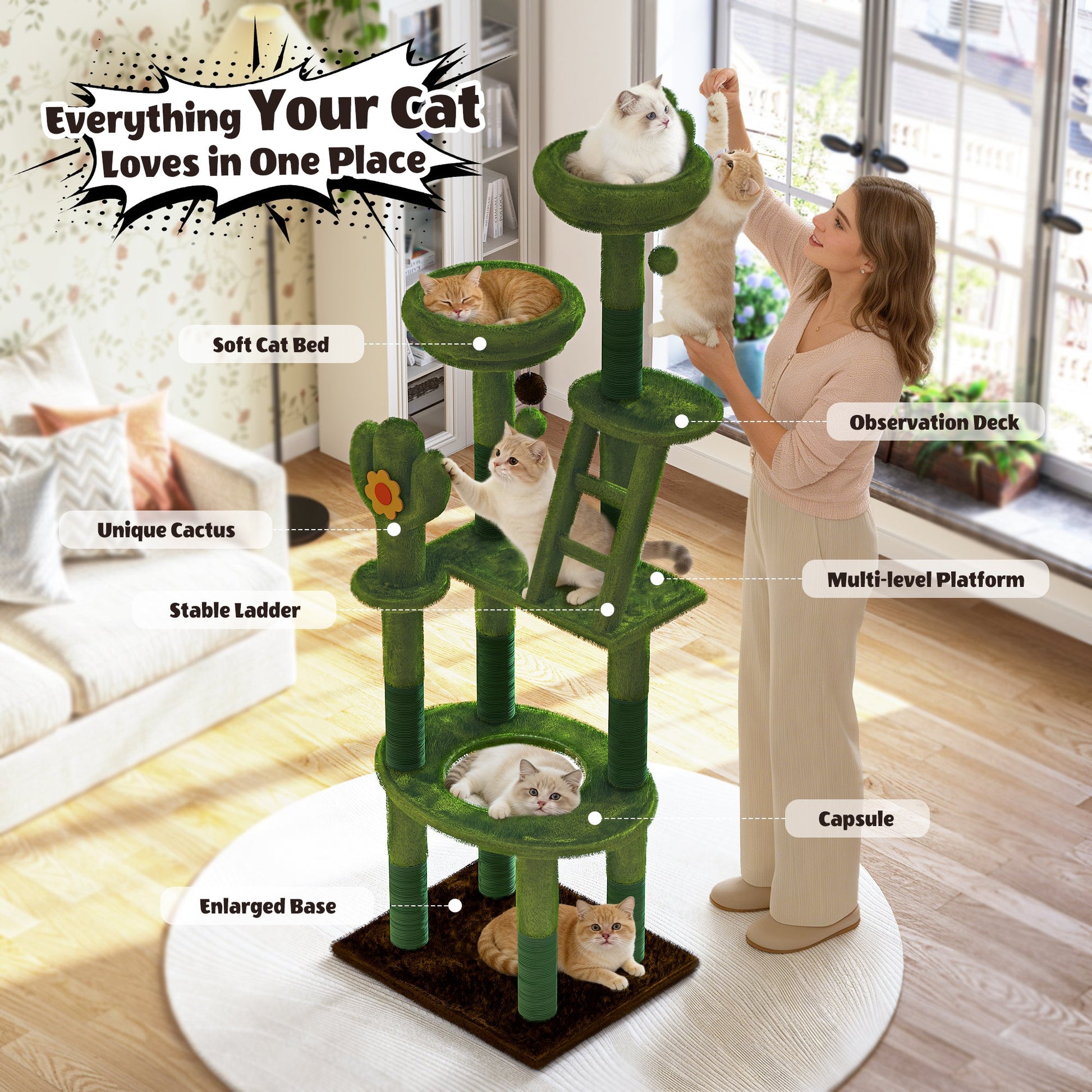 72in Cactus Cat Tree tall cat tower in green plush with multiple platforms by HouseOfZazla on Tampa Home & Garden Store