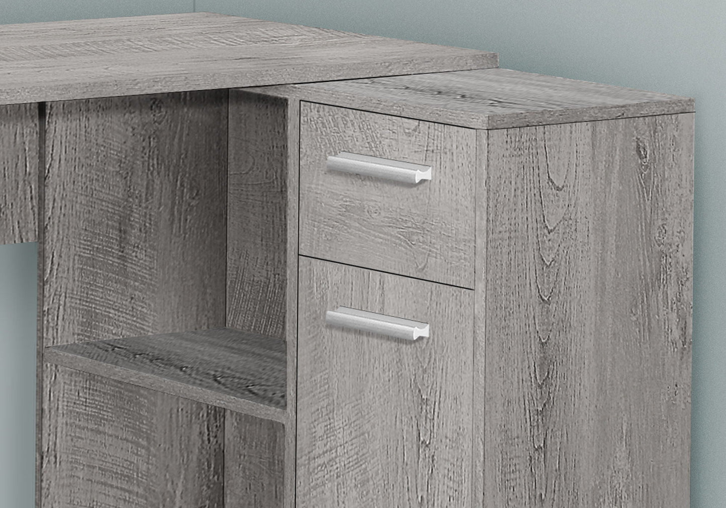 Corner desk with 3-drawer storage cabinet in weathered gray wood finish on Tampa Home & Garden Store