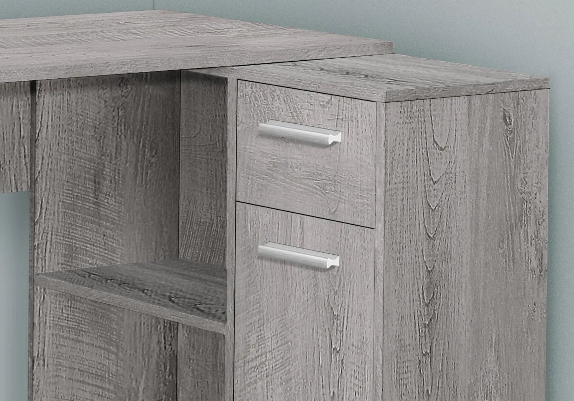 Corner desk with 3-drawer storage cabinet in weathered gray wood finish on Tampa Home & Garden Store