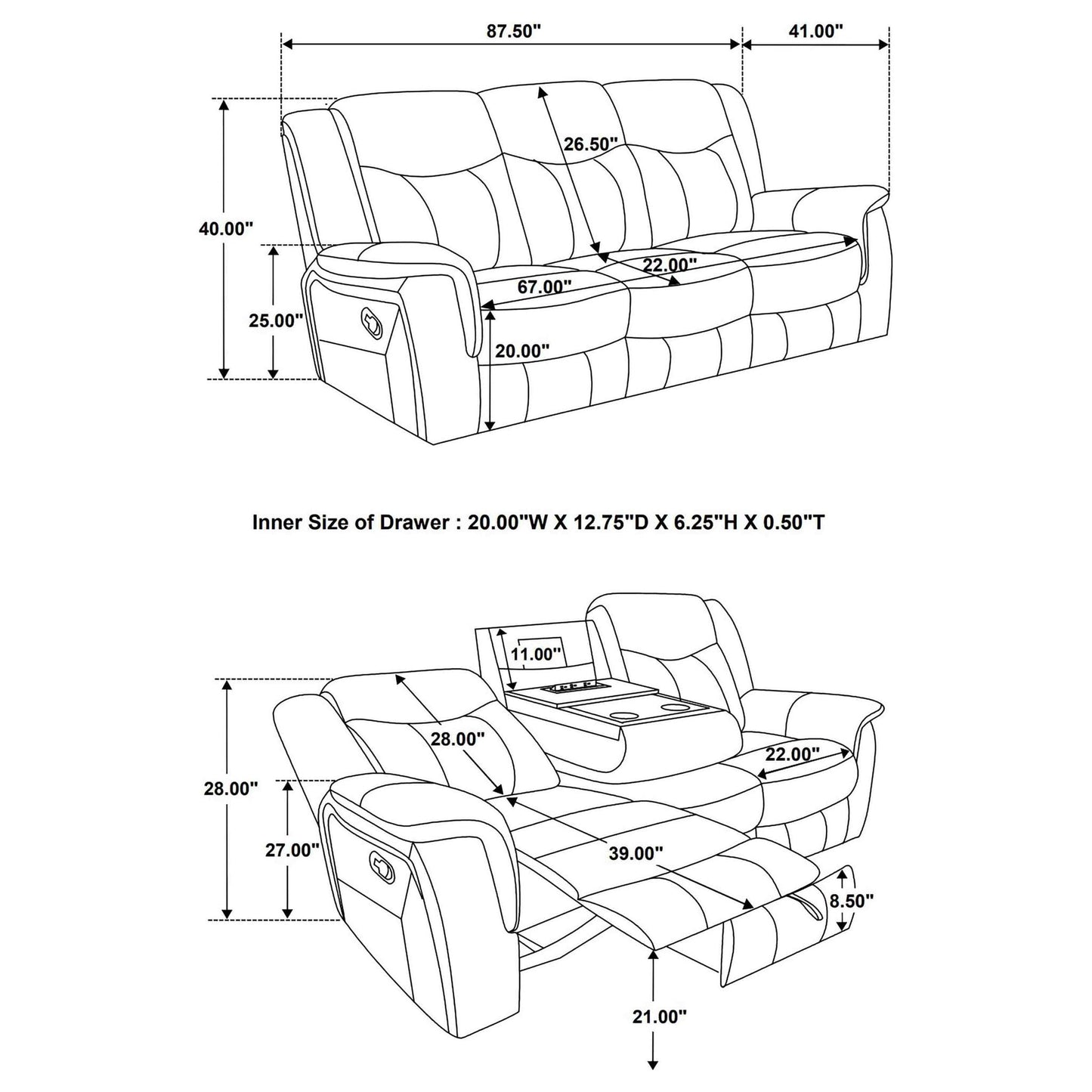 Hudson Gray Reclining Sofa and Pillow Top Arms