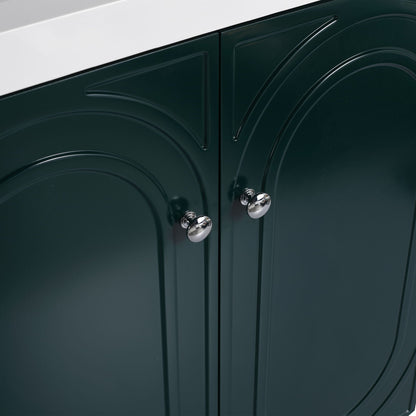 Freestanding bathroom vanity with two green doors, panels and chrome knobs under white countertop on Tampa Home & Garden Store