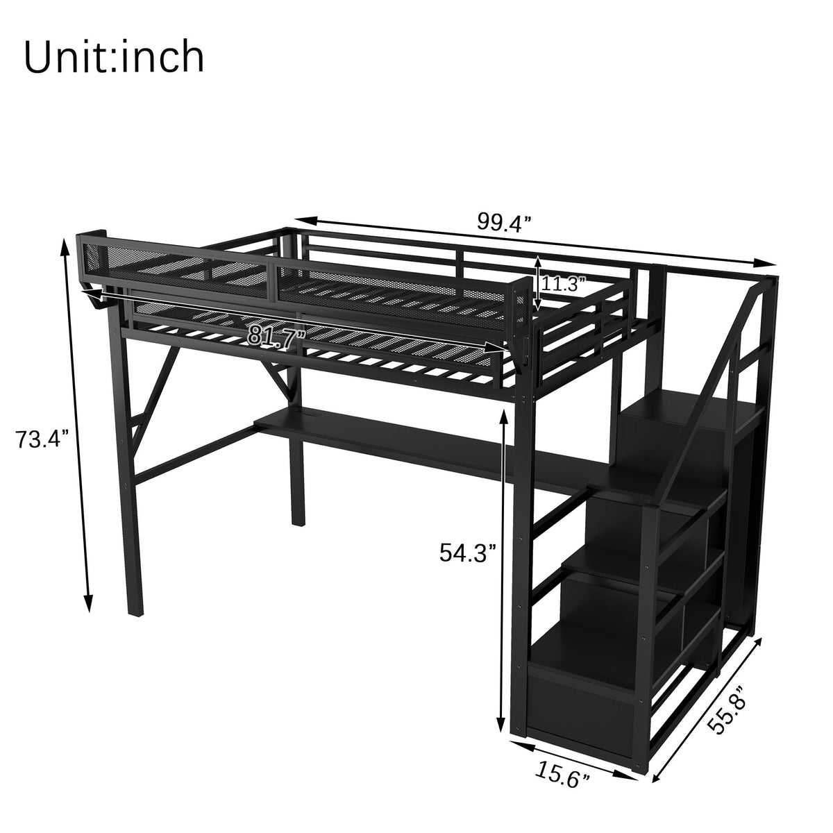 Loft Bed with Desk and Stairs in black metal by HouseOfZazla with charging station on Tampa Home & Garden Store