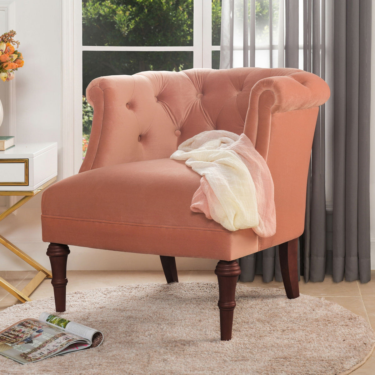 Yellow tufted barrel-back accent chair with dark wood legs on Tampa Home & Garden Store