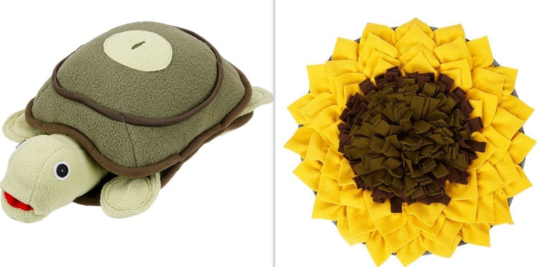 Dog sniffing mat and sunflower snuffle mat set; green turtle plush toy and yellow puzzle mat on Tampa Home & Garden Store