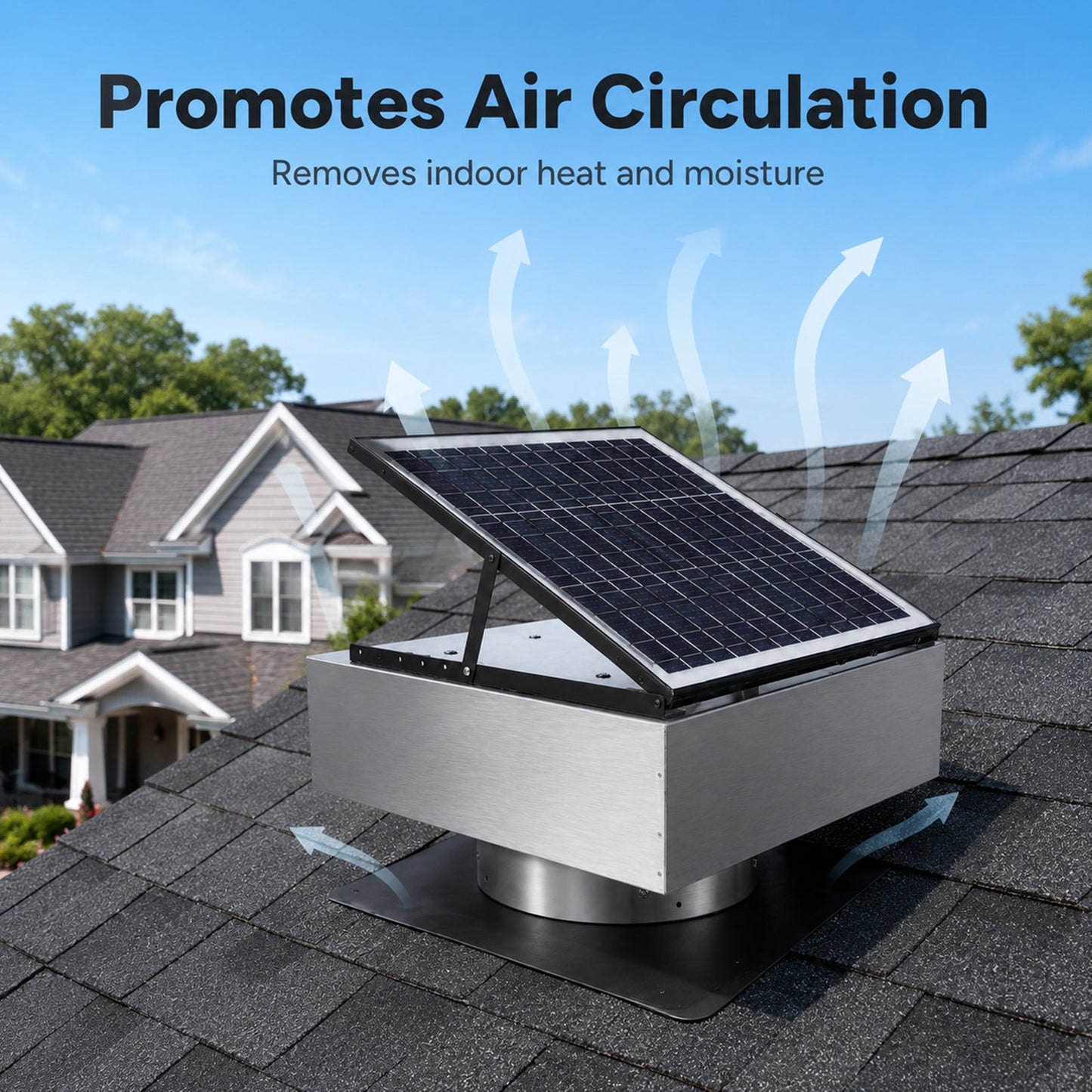 12-inch stainless steel solar roof vent fan with tilt adjustable solar panel on roof on Tampa Home & Garden Store