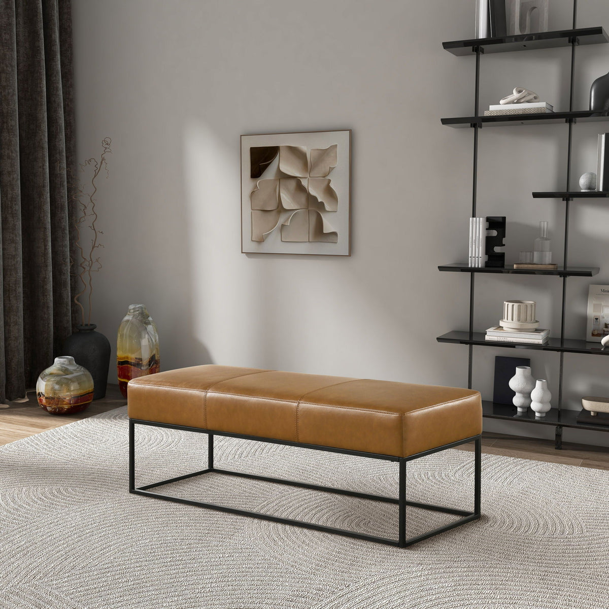 Odessa tan upholstered bench by HouseOfZazla with slim black metal legs in a modern living room on Tampa Home & Garden Store