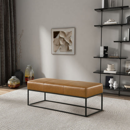 Odessa tan upholstered bench by HouseOfZazla with slim black metal legs in a modern living room on Tampa Home & Garden Store