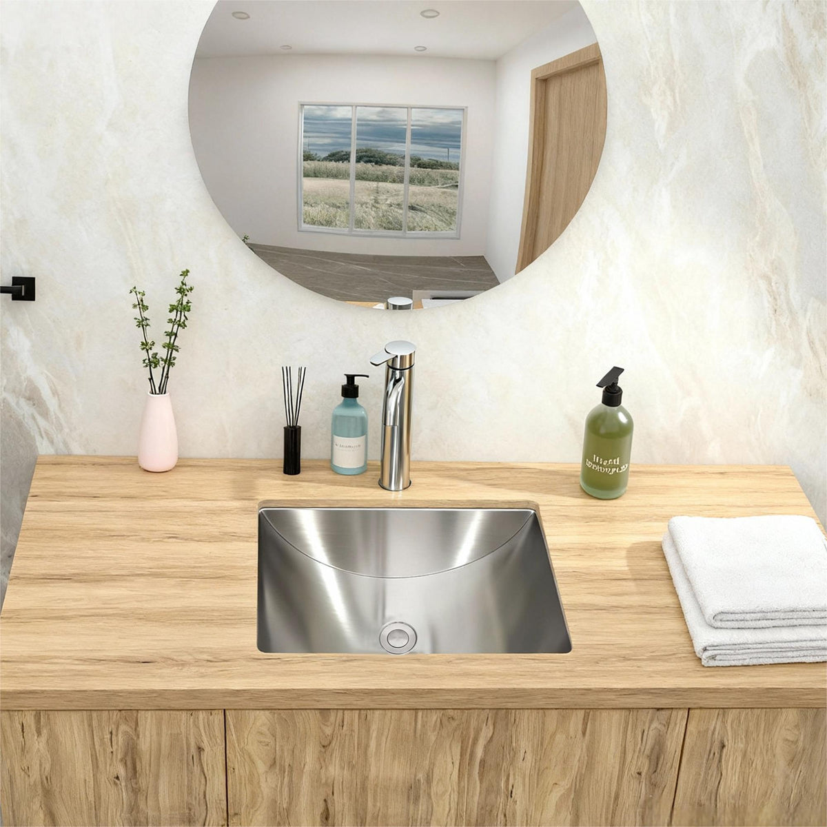 Brushed Nickel Undermount Bathroom Sink with Pop Up Drain by HouseOfZazla on wood vanity on Tampa Home & Garden Store