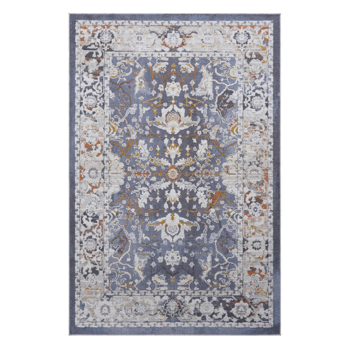 Payas Collection 7.9x10 Rug blue gray ivory floral motif with orange accents HouseOfZazla on Tampa Home & Garden Store