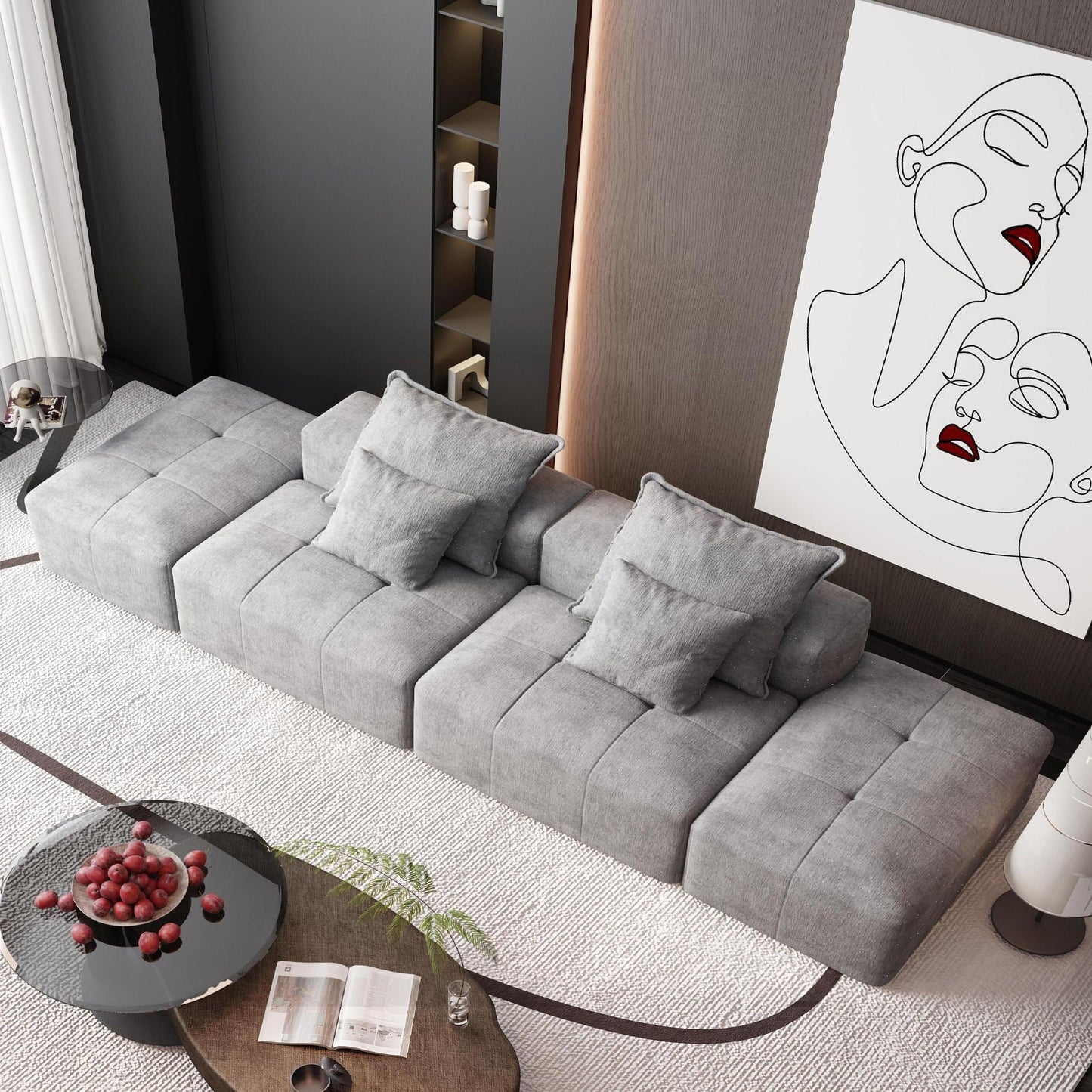 Modern oversized DIY modular sectional sofa in grey fabric with pillows on Tampa Home & Garden Store