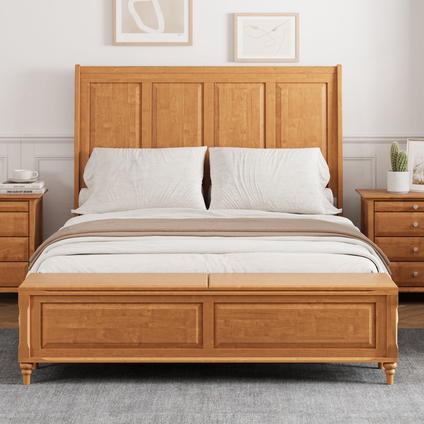 Modern Sleigh Bed with Tall Headboard and Bench