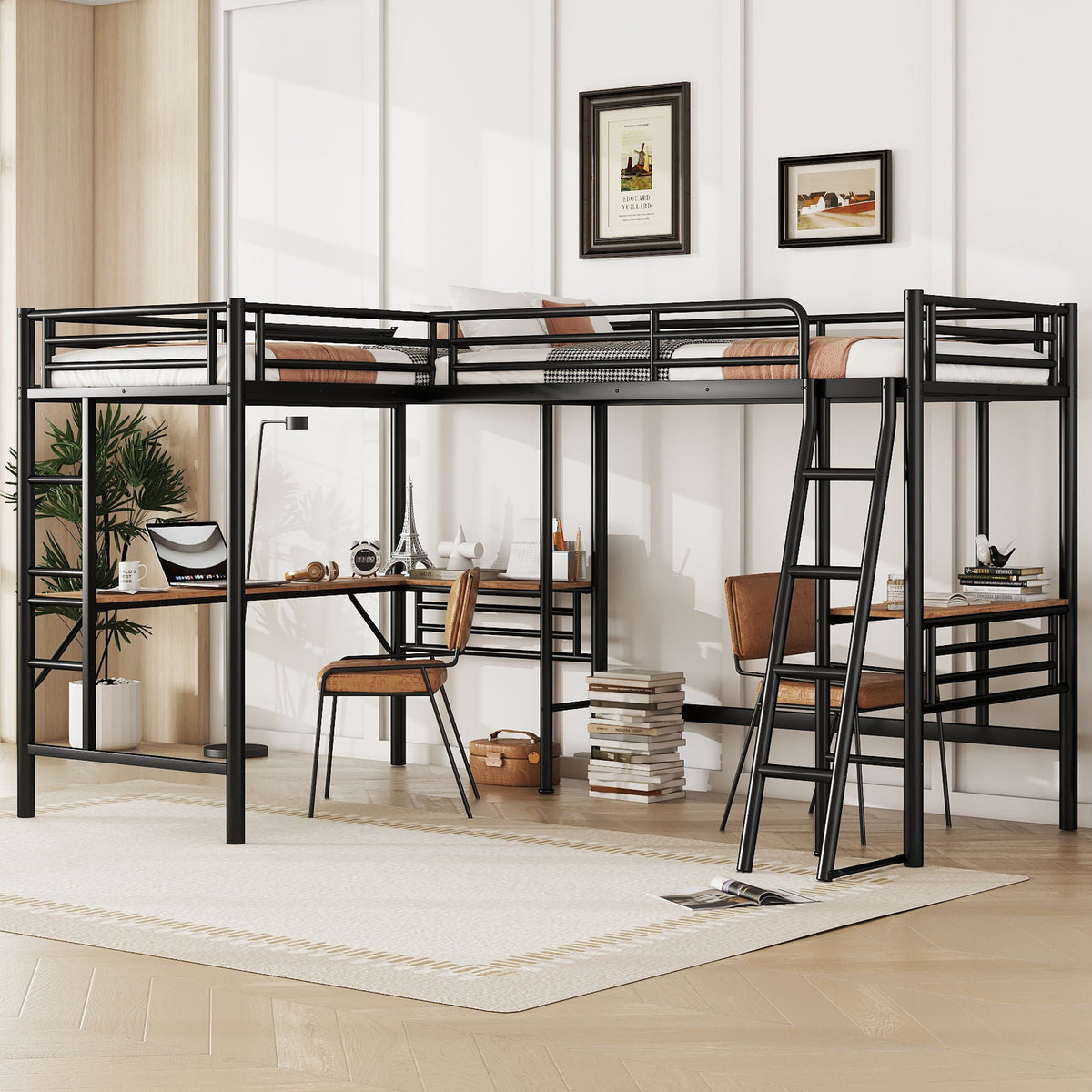 Twin loft bed with two built-in desks, black metal frame, Mission style on Tampa Home & Garden Store