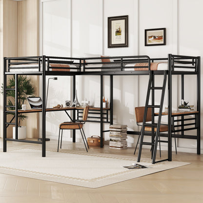 Twin loft bed with two built-in desks, black metal frame, Mission style on Tampa Home & Garden Store