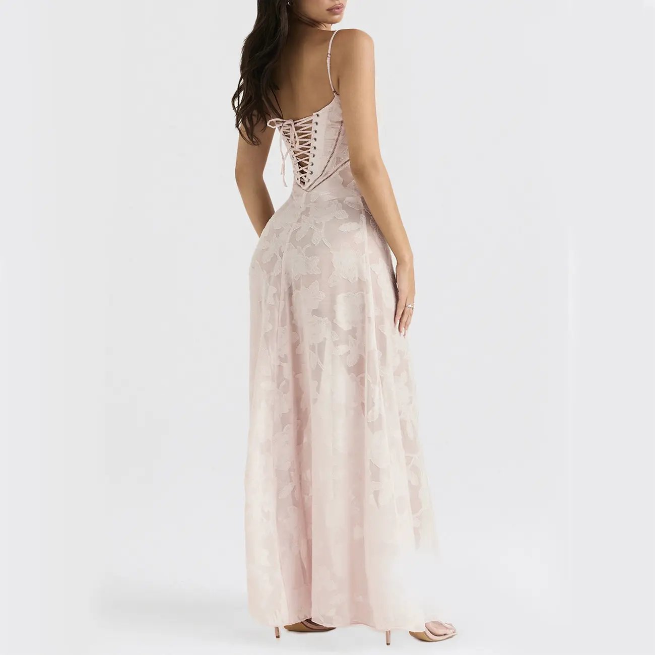 FLIPSTYLEZLLC Sexy Flowers Suspender Dress blush pink floral lace back lace-up corset maxi on Tampa Home & Garden Store