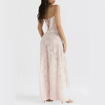 FLIPSTYLEZLLC Sexy Flowers Suspender Dress blush pink floral lace back lace-up corset maxi on Tampa Home & Garden Store