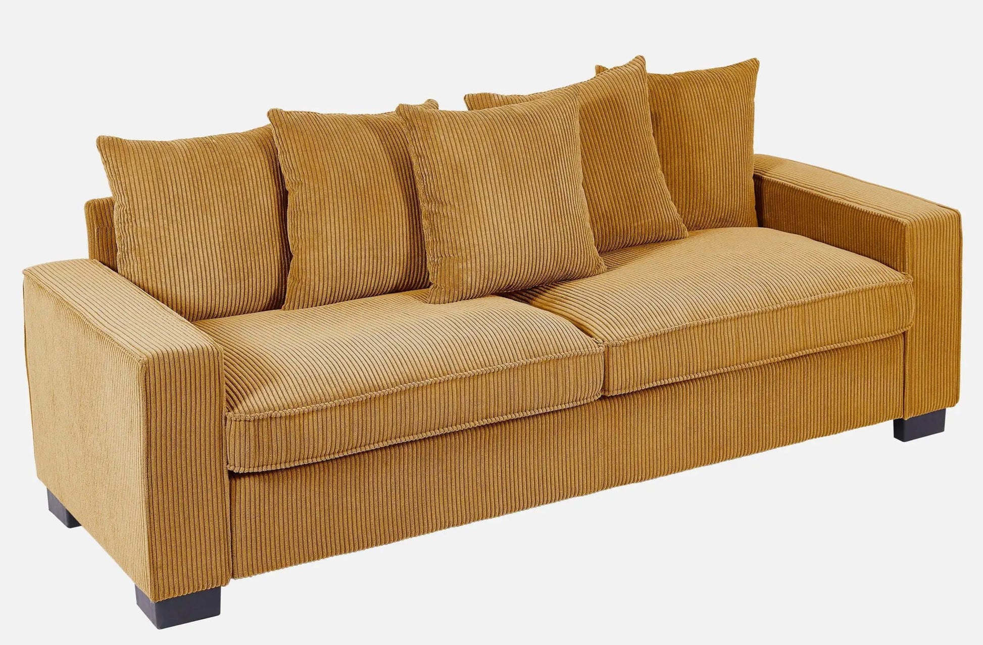 Corduroy mustard 3-seater stationary sofa with five matching cushions on Tampa Home & Garden Store