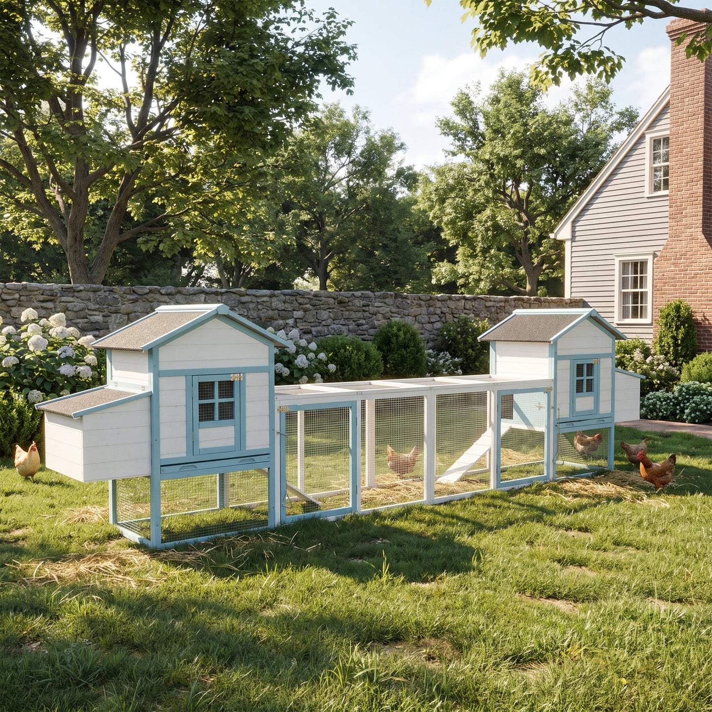 Four large wooden chicken coops with double nesting boxes, white with blue trim HouseOfZazla on Tampa Home & Garden Store