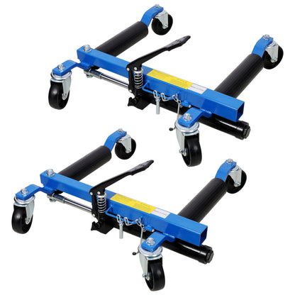 Hydraulic wheel dolly set of 2 with foot pedal lift, blue frame, black rollers, 1500 lb capacity on Tampa Home & Garden Store